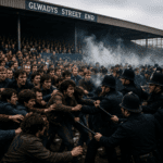 Millwall supporters confront Everton fans in the Gwladys Street End at Goodison Park during the infamous FA Cup tie in February 1973.
